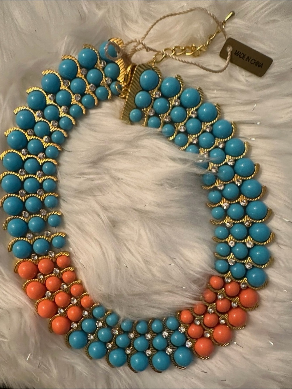 IMAN Turquoise and Coral Beaded Statement Necklace with Gold Accents